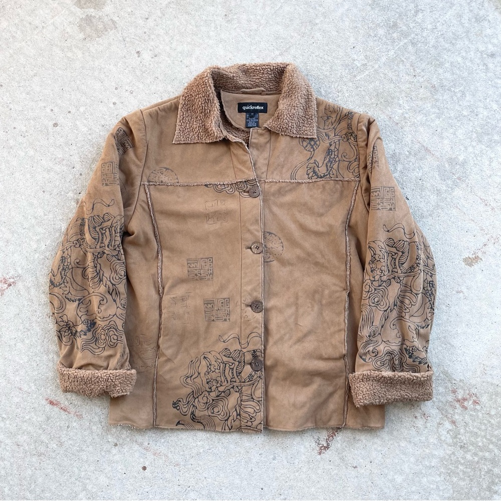 Tan 00s Sherpa Lined Jacket with Dragon Eastern Patterns